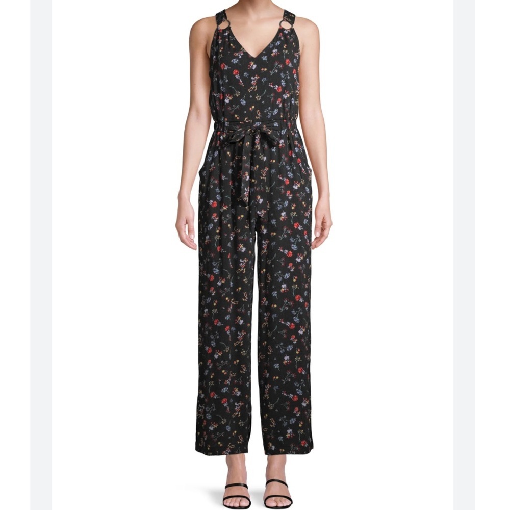 Black Floral Jumpsuit tie waist